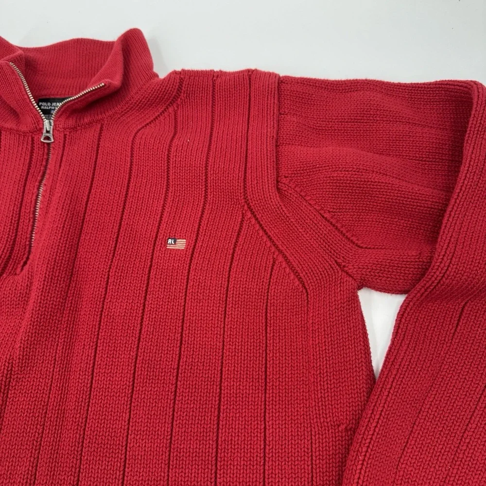 Vintage Polo Ralph Lauren Sweater Mens XXL Red 1/4 Zip Knit American Flag
